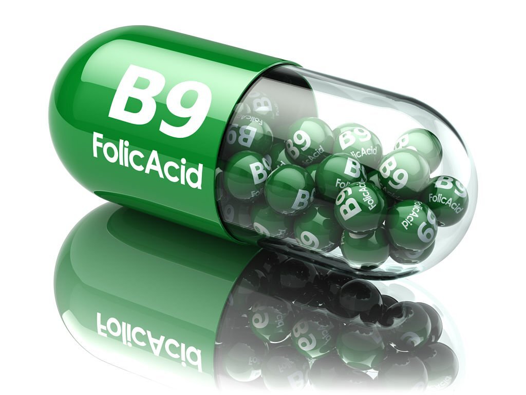 Pills with b9 folic acid element. Dietary supplements. Vitamin capsules. 3d