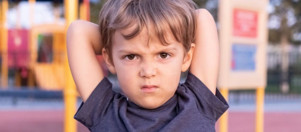 Caucasian Little child boy looking at the camera posing at a playground