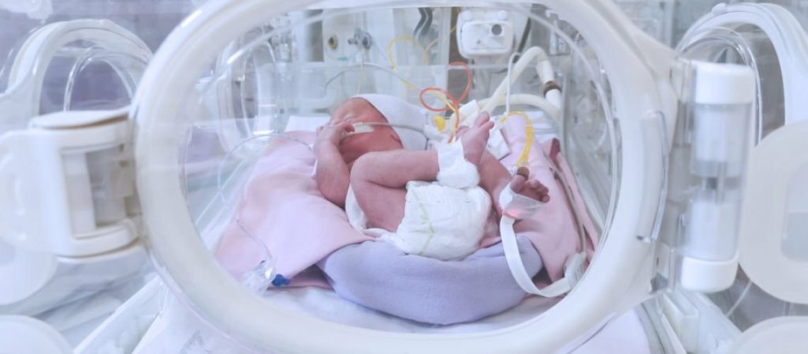 Newborn baby girl inside incubator in hospital post delivery room